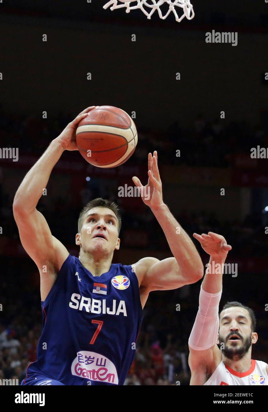 Basketball - FIBA World Cup - Second Round - Group J - Spain v Serbia - Wuhan Sports Centre, Wuhan, China - September 8, 2019 Serbia's Bogdan Bogdanovic in action with Spain's Pau Ribas REUTERS/Jason Lee Stock Photo