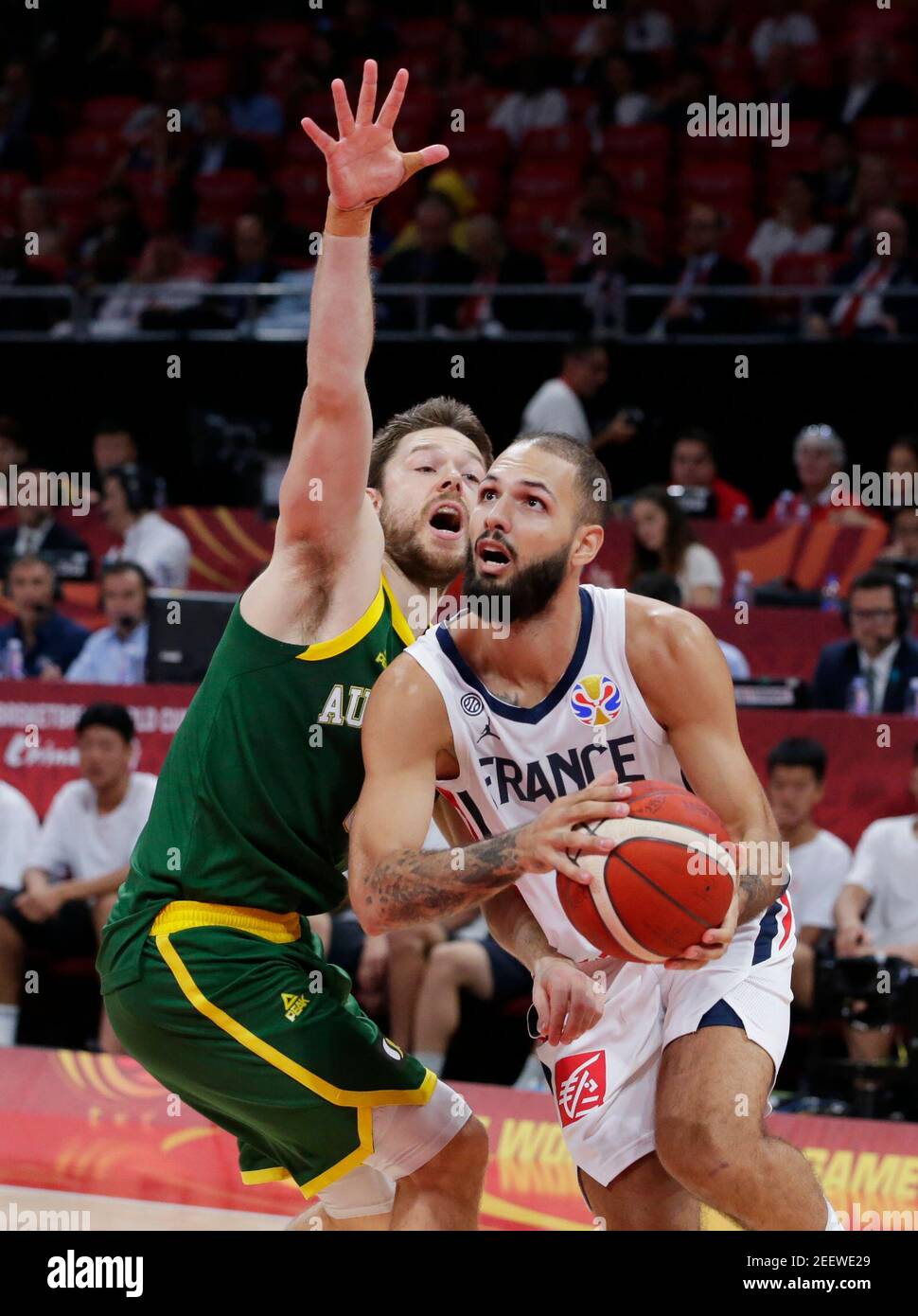 Basketball - FIBA World Cup - 3rd Place Game - France v Australia - Wukesong Sport Arena, Beijing, China - September 15, 2019  France's Evan Fournier in action with Australia's Matthew Dellavedova REUTERS/Jason Lee Stock Photo