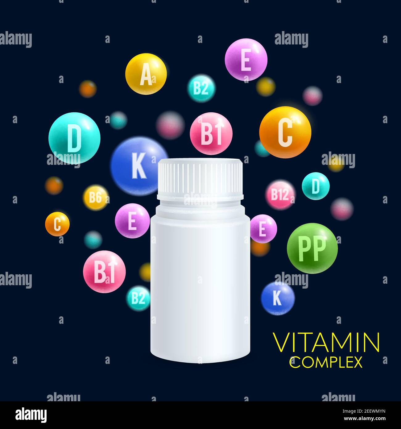 Vitamin complex pill and 3D plastic bottle design template for vitamin
