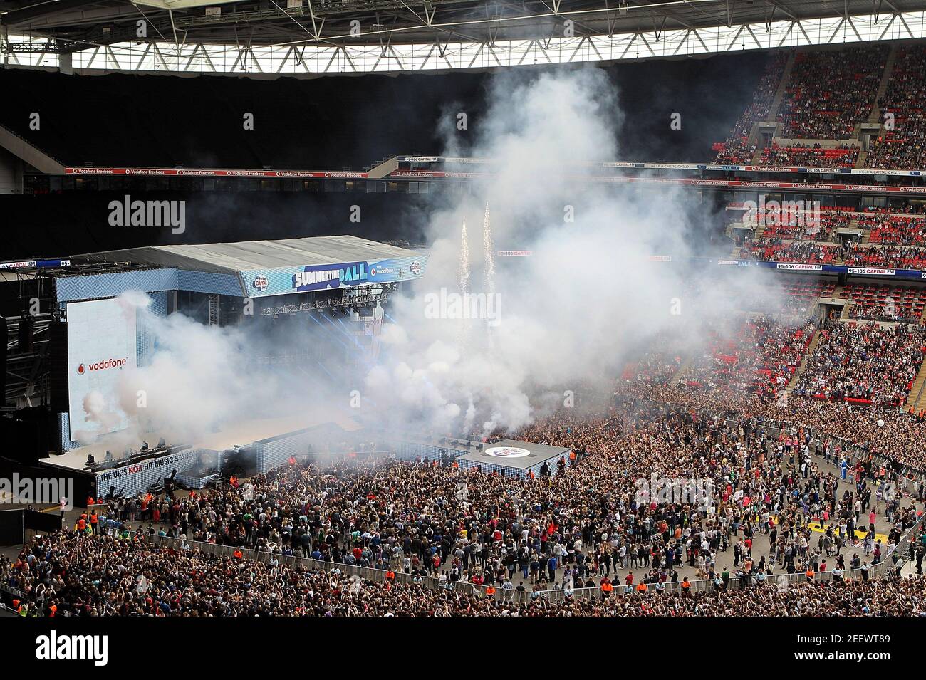 London, UK.  9th June 2013.  General View of Pyrotics, Stage and Wembley Stadium Interior and Fans arriving at the Capital FM's Summertime Ball at Wembley Stadium, London. Stock Photo