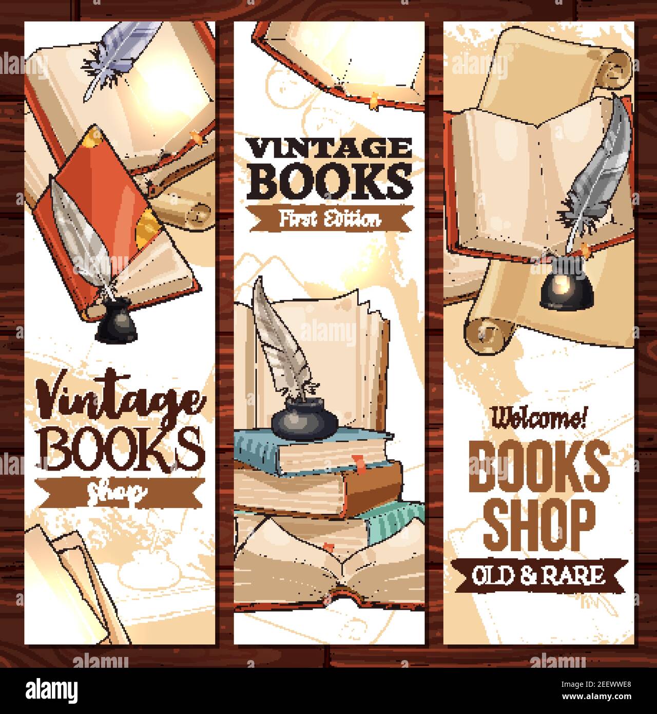 Old vintage books library sketch banners templates for rarity bookshop or book store. Vector design of ancient rare books and manuscripts, writer ink Stock Vector