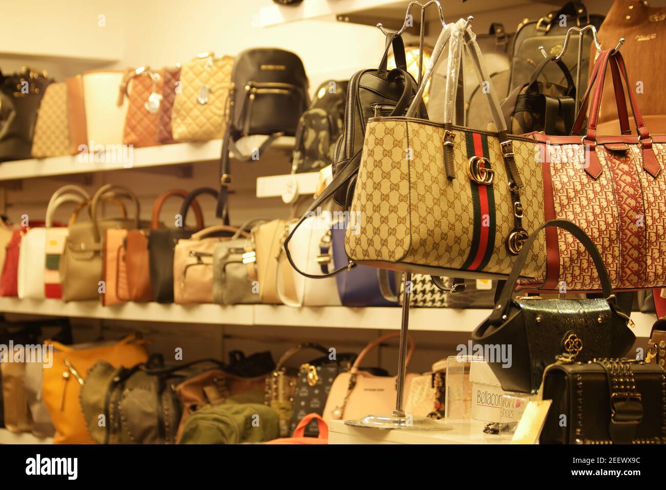 Shop Leather Bags Collection Sale Wide View Bags Shelves Racks Stock Photo  by ©Loraliu 371445472