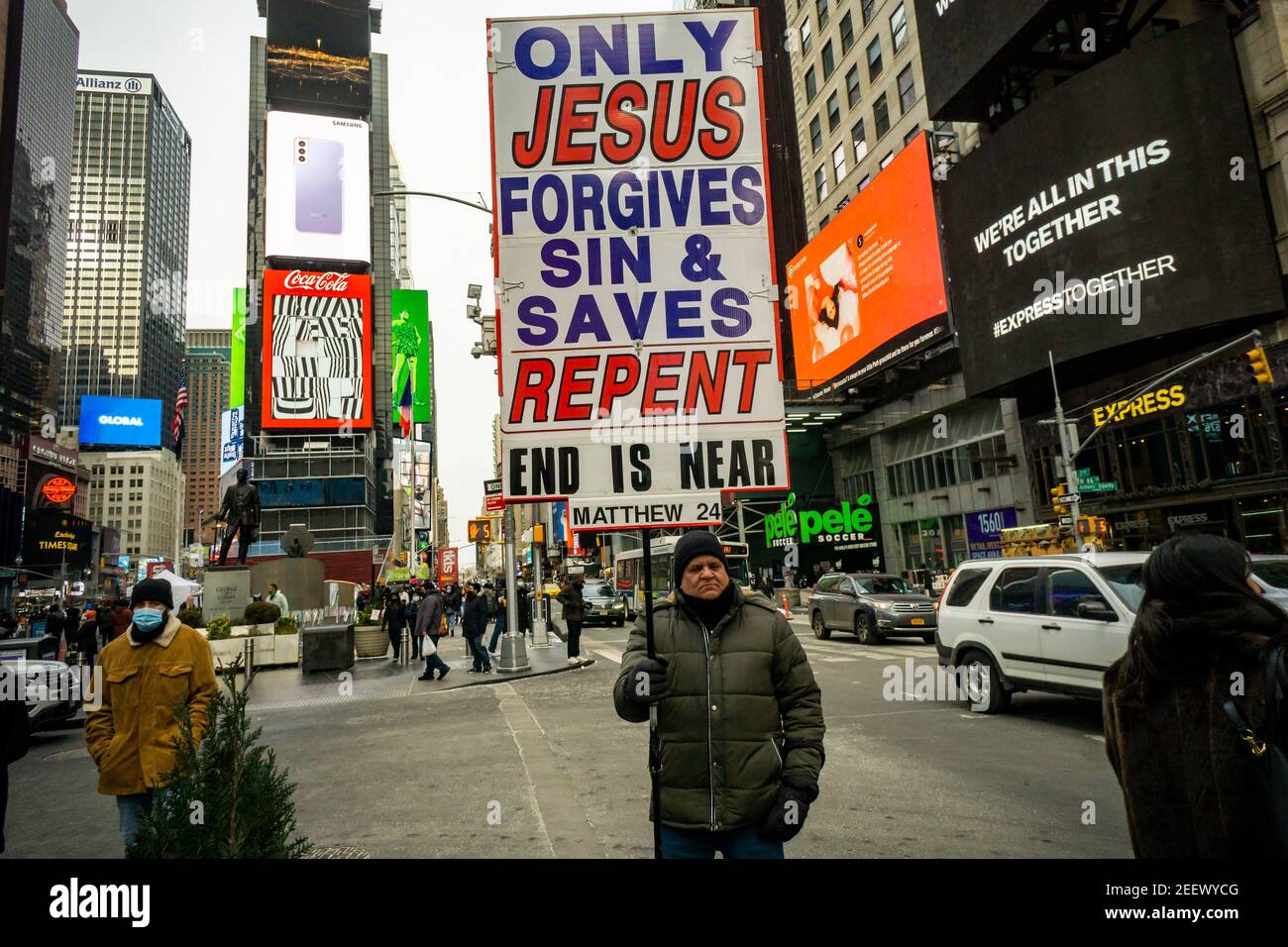 A religious zealot proselytizes in Times Square in New York on Sunday