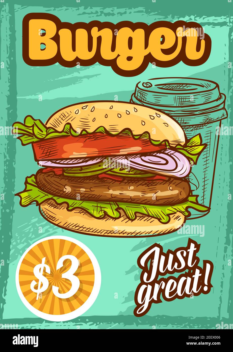 Fast food burger sketch poster for restaurant or cinema bistro menu