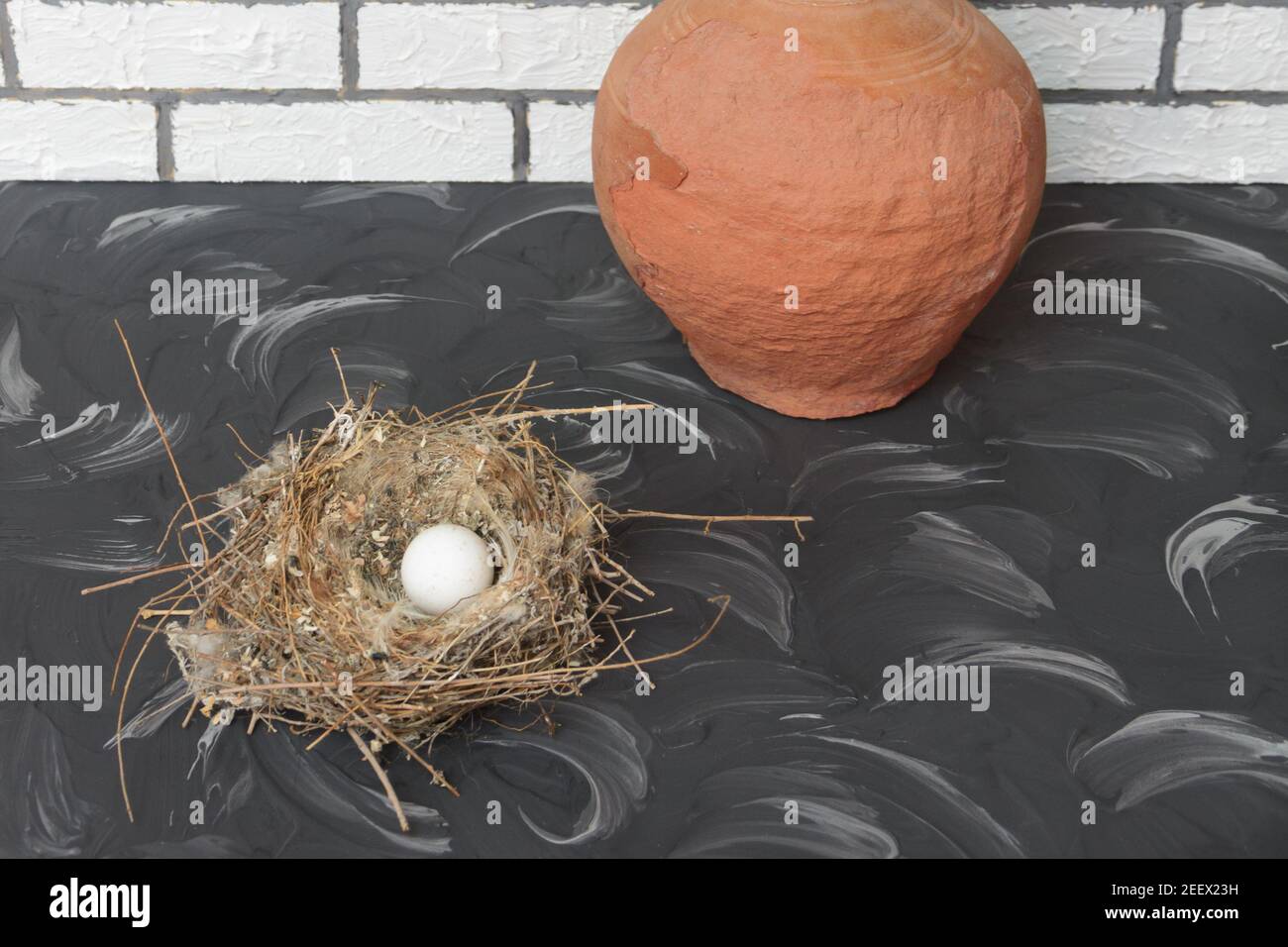 Small bird's nest with white egg on dark vintage table. Close-up. Procreation concept, Happy Easter. Stock Photo