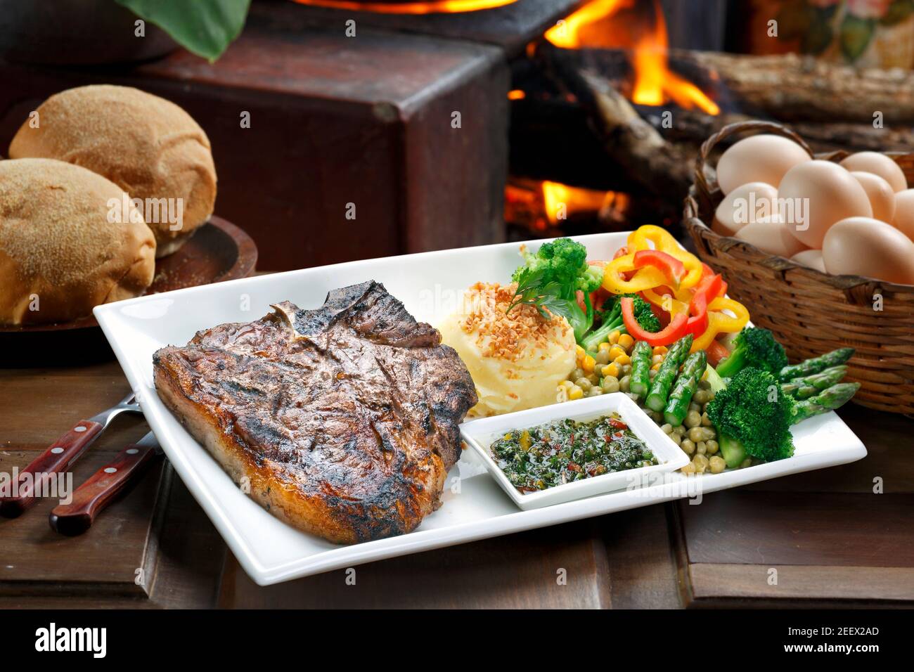 Prime rib with fries and salad Stock Photo - Alamy