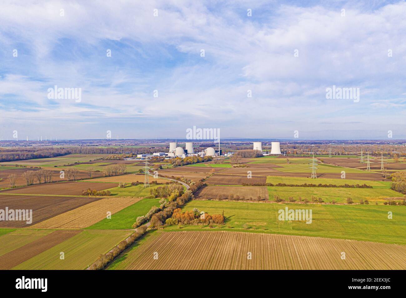 Aerial drone picture of the nuclear power plant Biblis in Germany during daytime Stock Photo