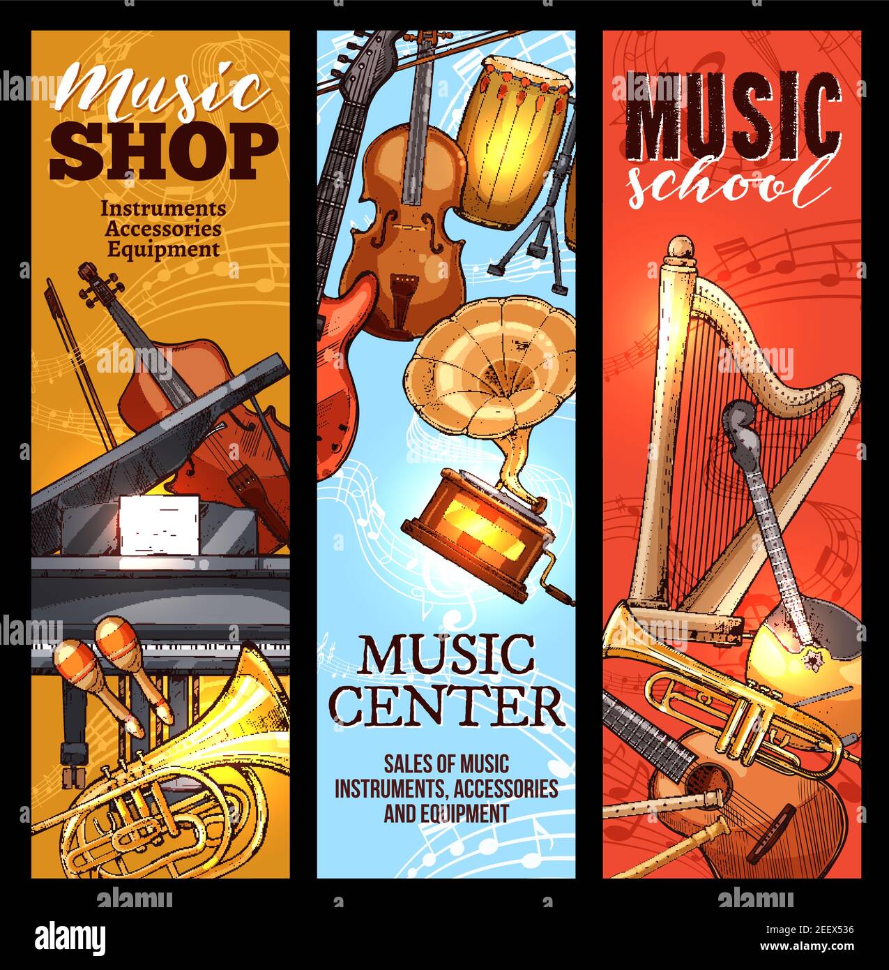 Musical instrument of classical and folk music banner set. Piano, guitar and drum, violin, trumpet and horn, maracas, flute and harp, cello and mandol Stock Vector