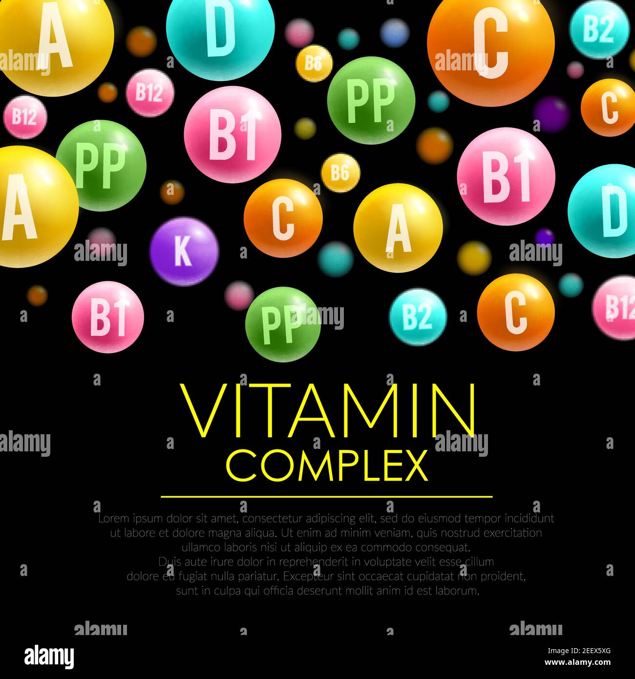 Vitamin pill complex 3d poster. Capsule or drop of vitamin C ascorbic