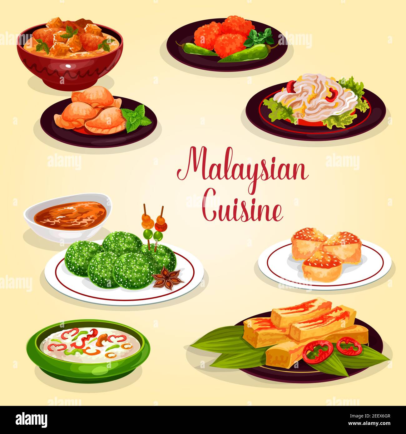 Malaysian cuisine icon of asian restaurant menu. Chicken vegetable stew, rice nasi lemak with veggies and chili sauce, meat pie, coconut dessert and p Stock Vector