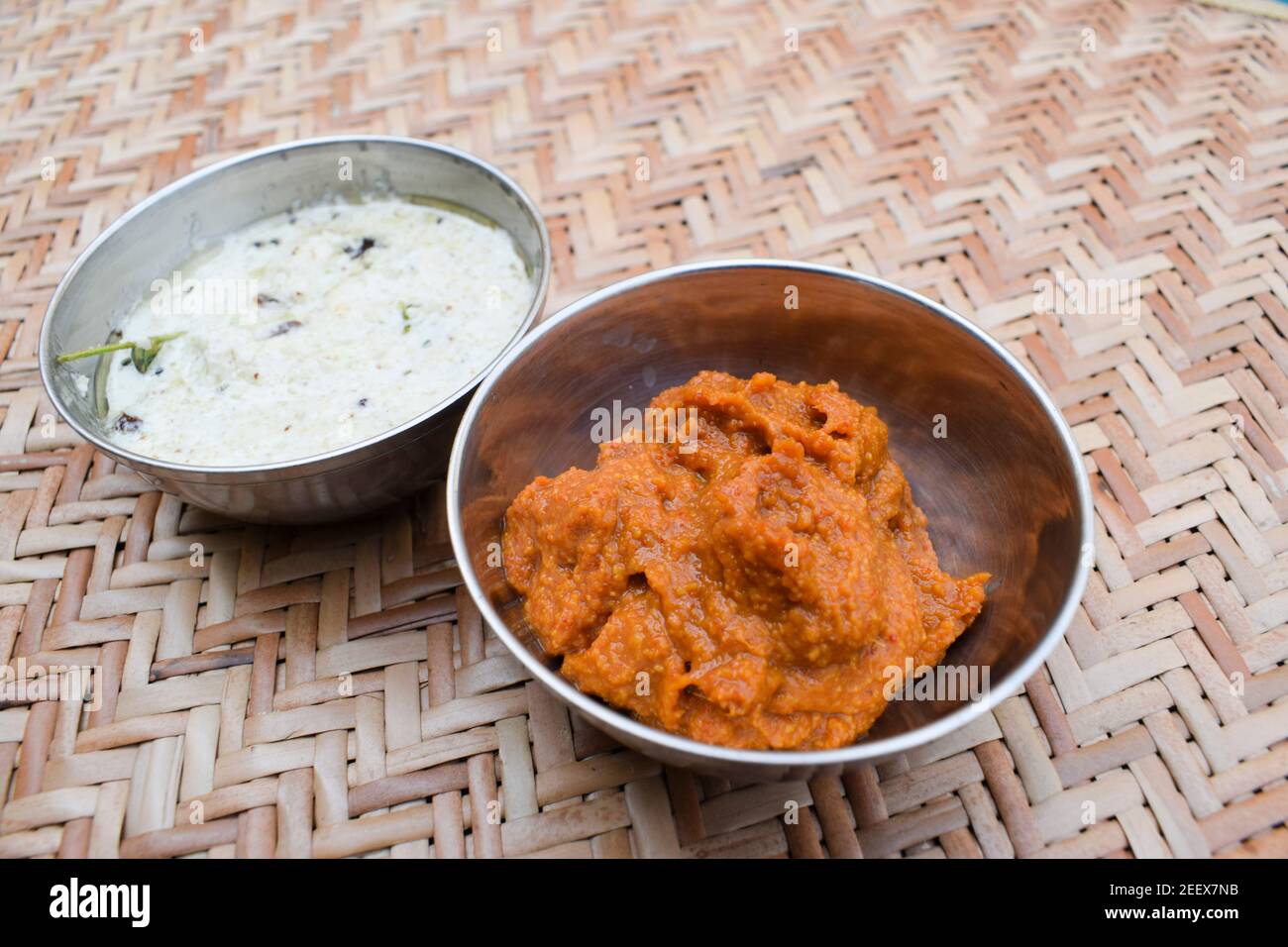 South Indian chutneys White coconut chutney and red ginger chutney