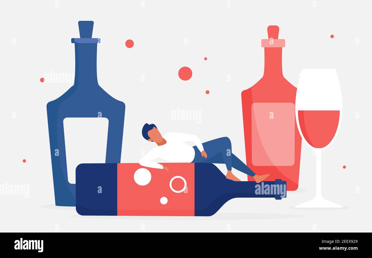 Alcohol addiction concept vector illustration. Cartoon adult man addict drinker character lying on empty big bottle next to glass of red wine drink, problem of alcoholic bad unhealthy habit background Stock Vector