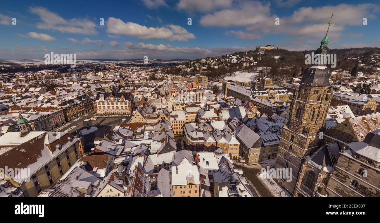 Aerial shot of the Old Town of Coburg, Germany, in winter Stock Photo