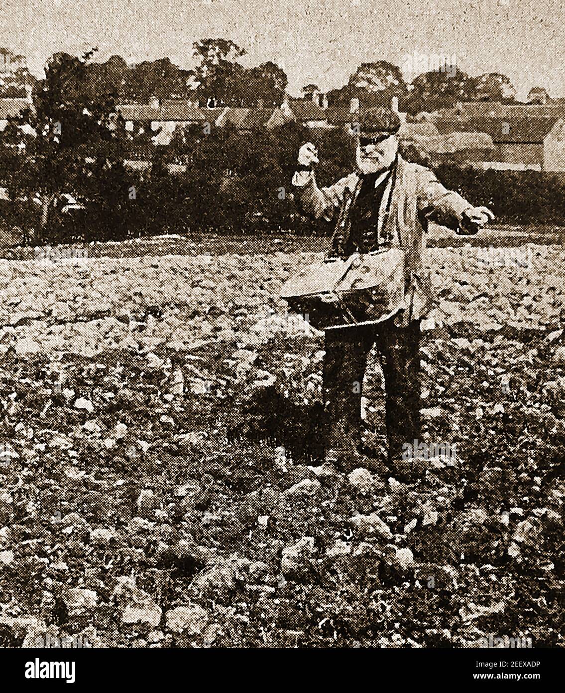 An old press photograph showing a farmer broadcasting seeds by hand circa 1930's Stock Photo