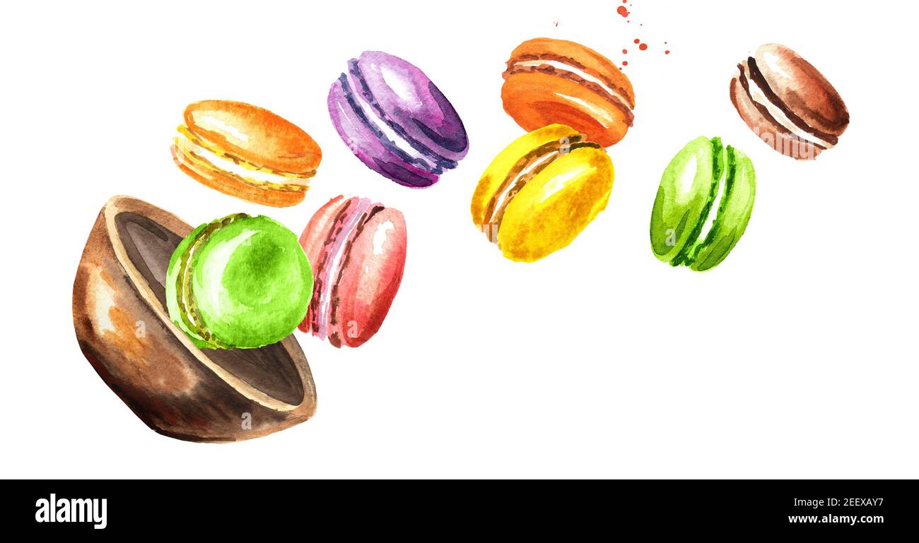 Falling  traditional french Cakes macaron or macaroon, colorful almond cookies. Watercolor hand drawn illustration, isolated on white background Stock Photo