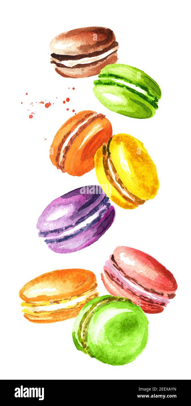 Falling  traditional french Cake macaron or macaroon, colorful almond cookies. Watercolor hand drawn illustration, isolated on white background Stock Photo