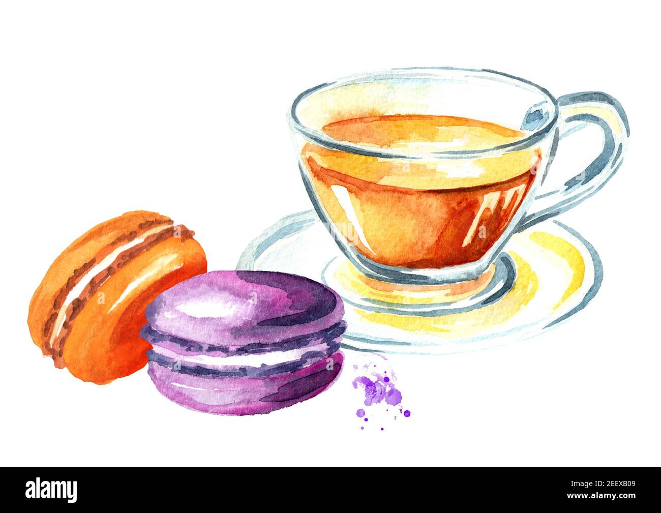 Traditional french Cake macaron or macaroon, colorful almond cookie, with tea. Watercolor hand drawn illustration, isolated on white background Stock Photo