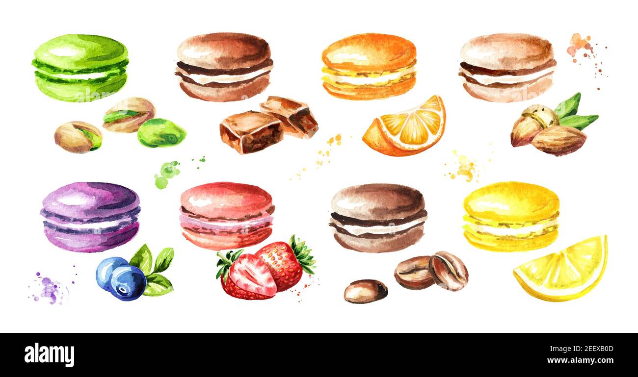 Traditional french Cakes macaron or macaroon, colorful cookies with fruits, berries and nuts set. Watercolor hand drawn illustration, isolated on whit Stock Photo