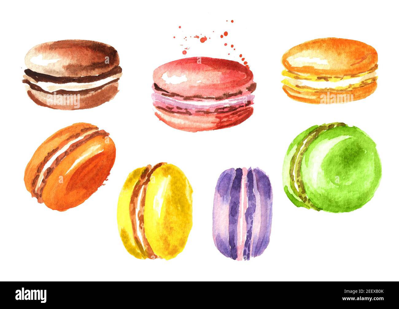 Traditional french Cake macaron or macaroon, colorful almond cookies set. Watercolor hand drawn illustration, isolated on white background Stock Photo