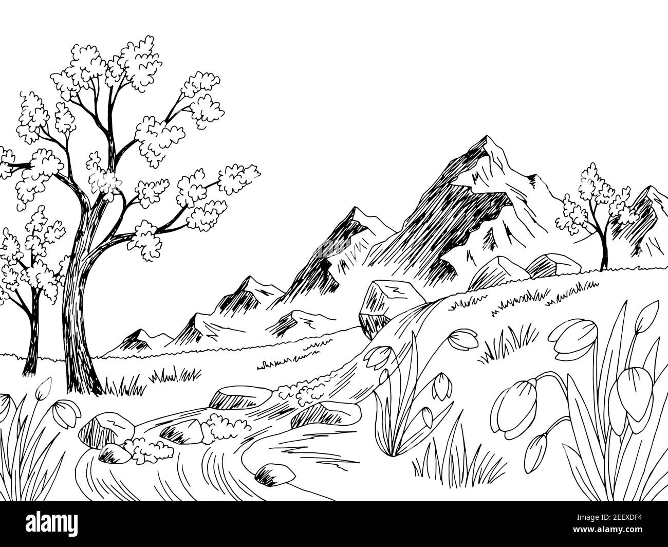 Spring graphic black white landscape tree sketch illustration vector Stock Vector