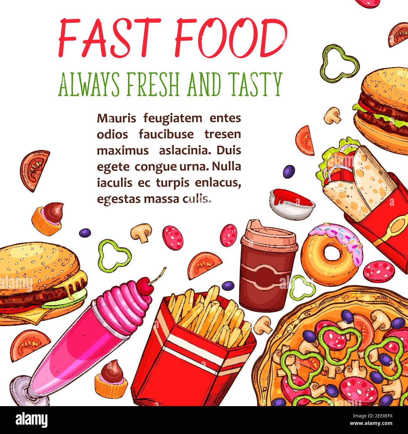 Fast food restaurant snack and drink poster. Hamburger and sandwich