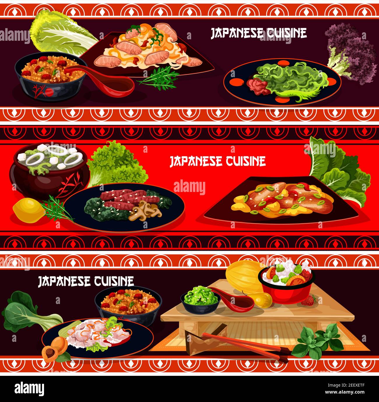 Japanese cuisine restaurant dinner menu banner set. Fried rice with