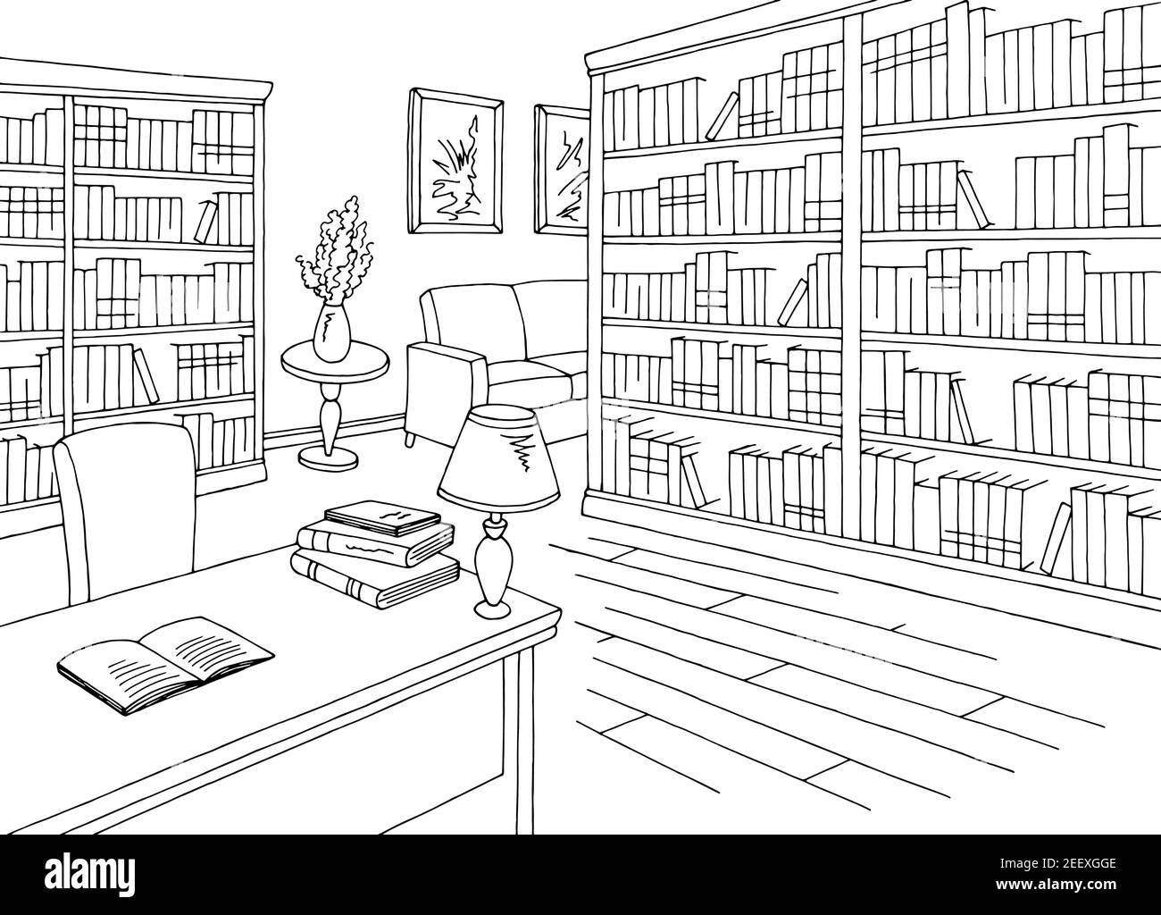 Library interior graphic black white sketch illustration vector Stock