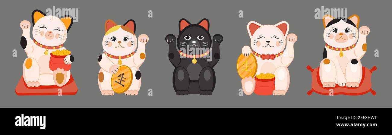 Set of different Japanese lucky cat maneki neko vector illustration.  Isolated on background. Cartoon flat vector illustration Stock Vector