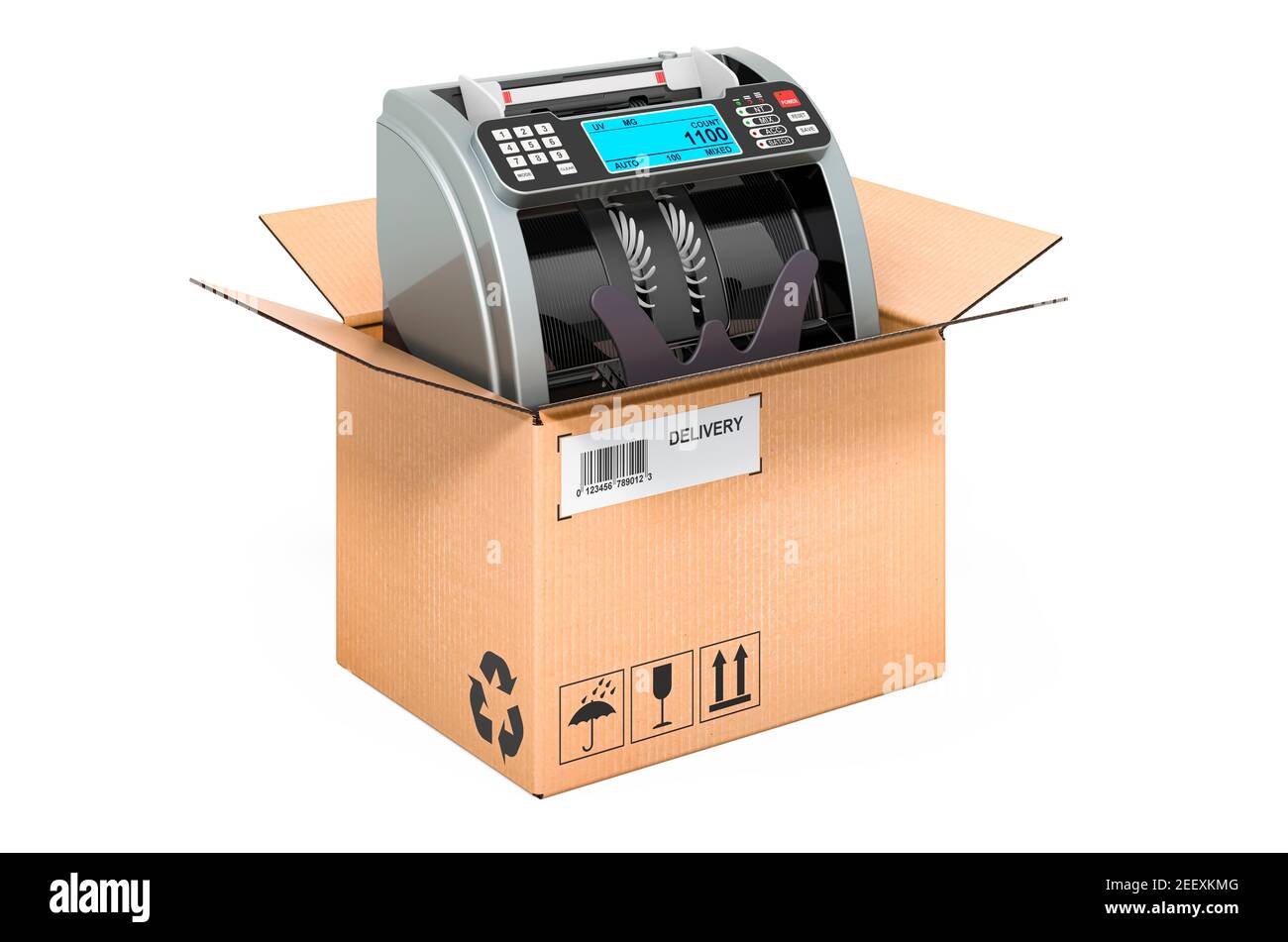 Banknote counter inside cardboard box, delivery concept. 3D rendering ...