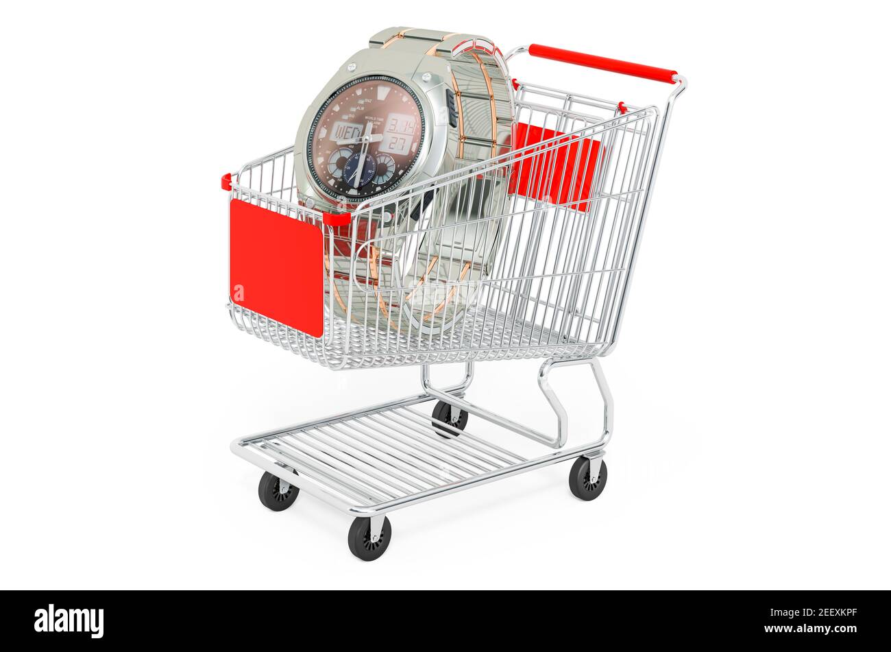 Shopping cart with analog digital watch. 3D rendering isolated on white background Stock Photo