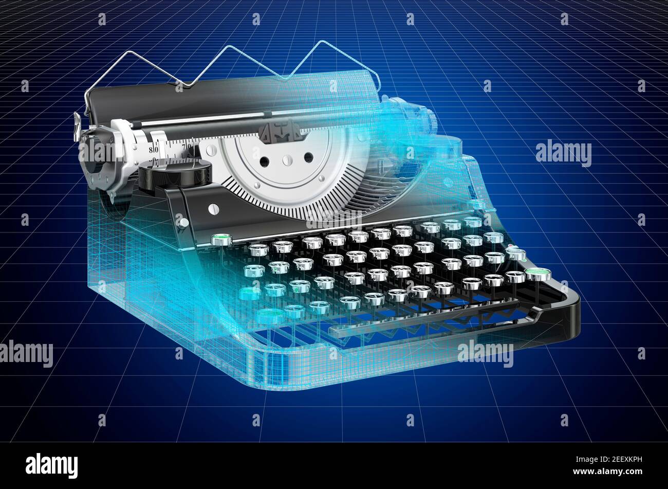 Visualization 3d cad model of typewriter, blueprint. 3D rendering Stock