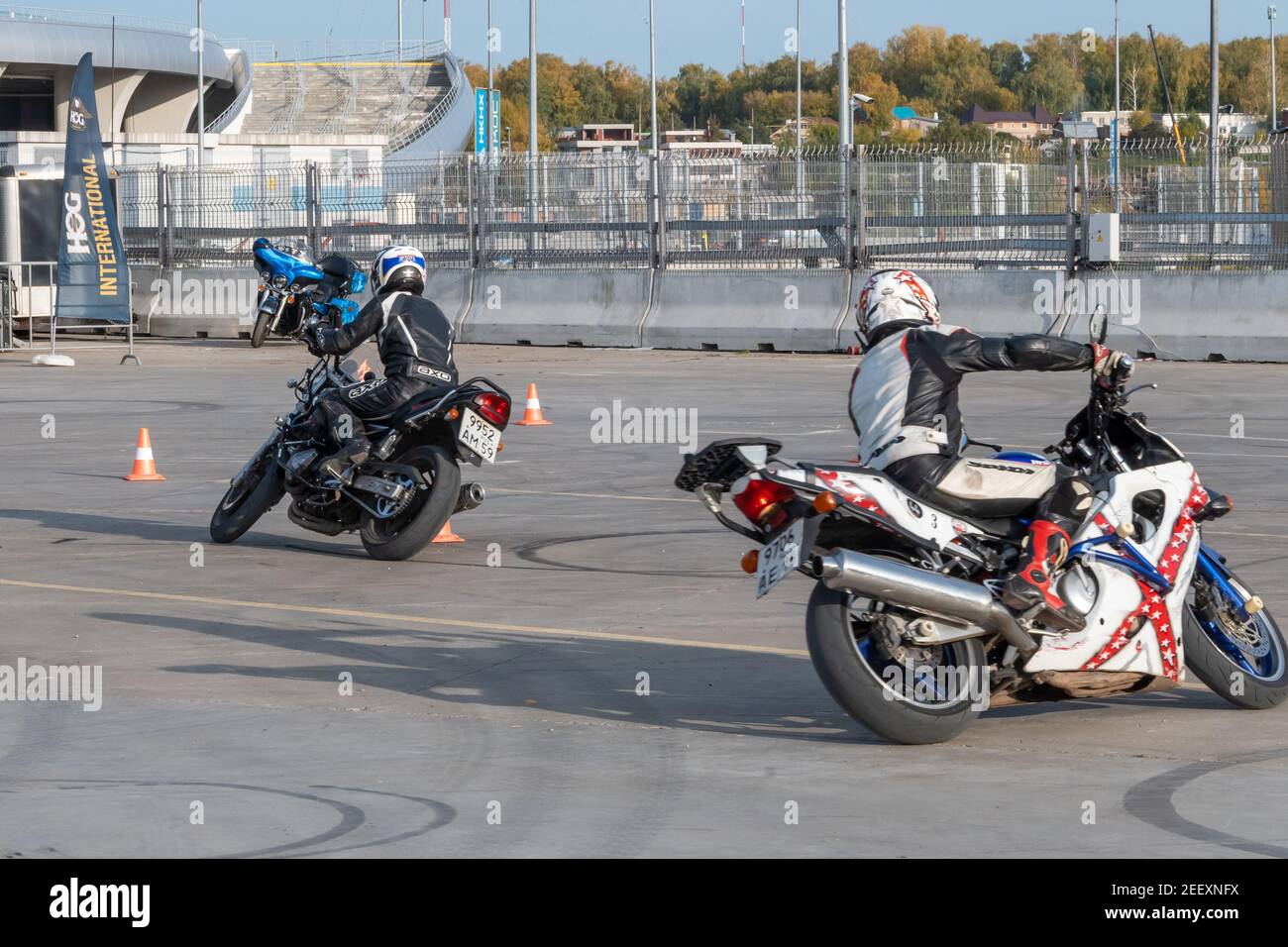 Kazan, RussiaSeptember 26, 2020 Motorcycle gymkhana, doublesin on