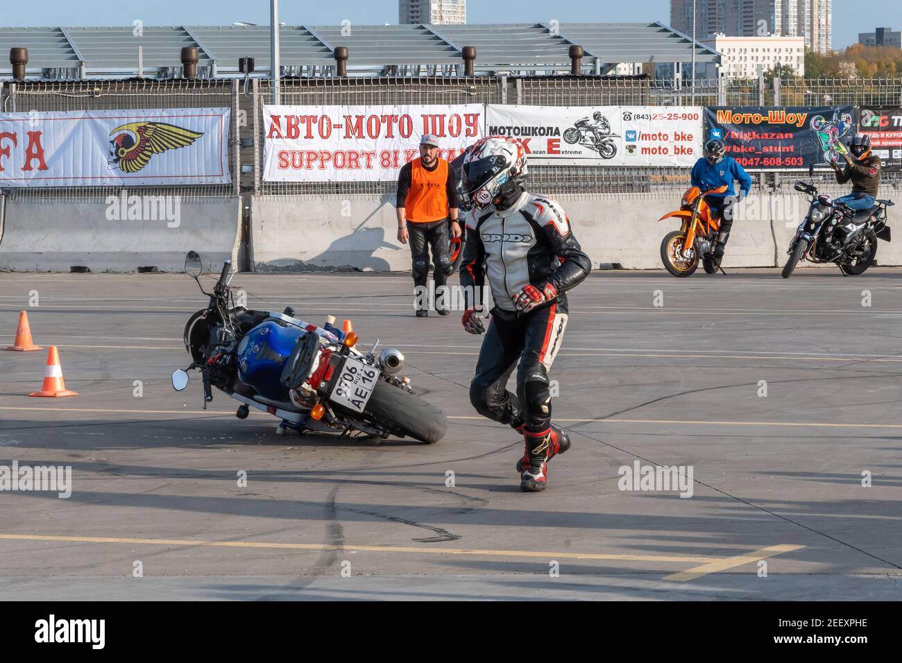 Kazan, RussiaSeptember 26, 2020 Motorcycle gymkhana, a biker's fall