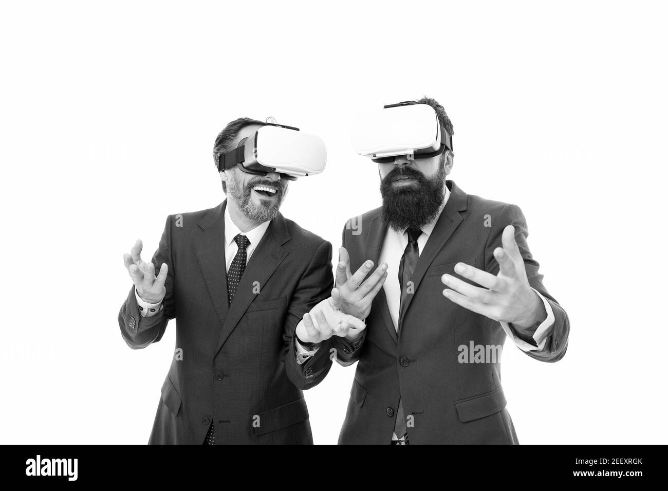 Working with innovative technologies. virtual reality. Partnership and teamwork. mature men with beard in formal suit. businessmen wear VR glasses. modern technology in agile business. Digital future. Stock Photo