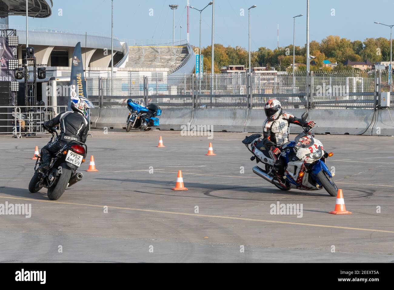 Kazan, RussiaSeptember 26, 2020 Motorcycle gymkhana, doublesin on