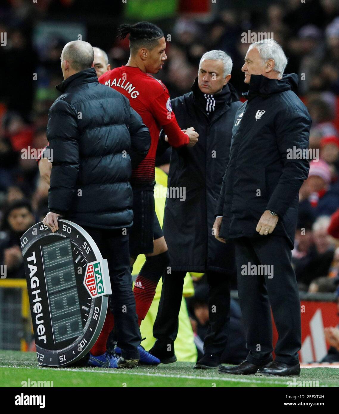 Soccer Football - Premier League - Manchester United v Fulham - Old Trafford, Manchester, Britain - December 8, 2018  Manchester United's Chris Smalling is substituted   REUTERS/Phil Noble   EDITORIAL USE ONLY. No use with unauthorized audio, video, data, fixture lists, club/league logos or 'live' services. Online in-match use limited to 75 images, no video emulation. No use in betting, games or single club/league/player publications.  Please contact your account representative for further details. Stock Photo