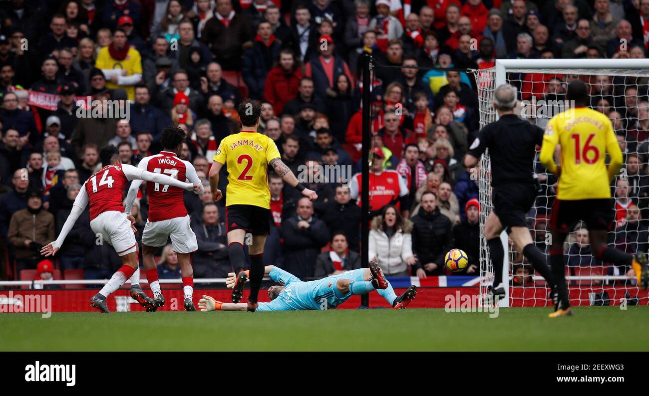 Soccer Football - Premier League - Arsenal vs Watford - Emirates Stadium, London, Britain - March 11, 2018   Arsenal's Pierre-Emerick Aubameyang scores their second goal      REUTERS/Eddie Keogh    EDITORIAL USE ONLY. No use with unauthorized audio, video, data, fixture lists, club/league logos or "live" services. Online in-match use limited to 75 images, no video emulation. No use in betting, games or single club/league/player publications.  Please contact your account representative for further details. Stock Photo