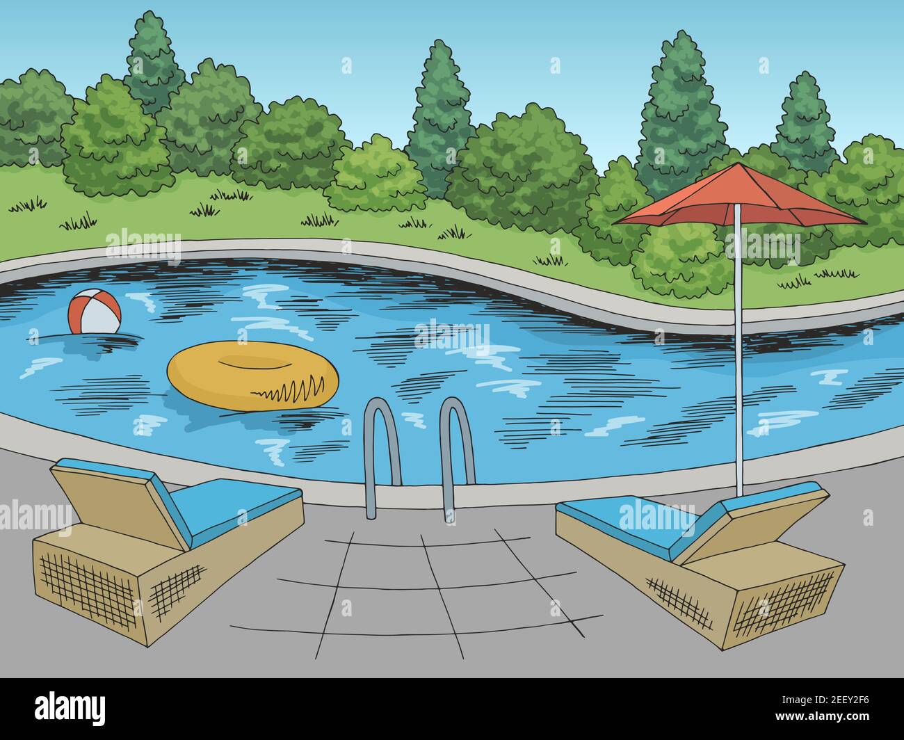 Swimming pool graphic color landscape sketch illustration vector Stock
