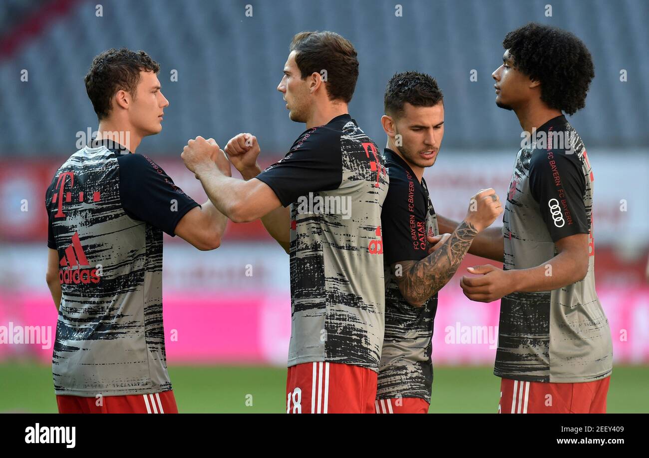 Soccer Football - Bundesliga - Bayern Munich v Borussia Moenchengladbach - Allianz Arena, Munich, Germany - June 13, 2020 Bayern Munich's Michael Cuisance, Leon Goretzka, Lucas Hernandez and Joshua Zirkzee before the match, as play resumes behind closed doors following the outbreak of the coronavirus disease (COVID-19) Christof Stache/Pool via REUTERS  DFL regulations prohibit any use of photographs as image sequences and/or quasi-video Stock Photo
