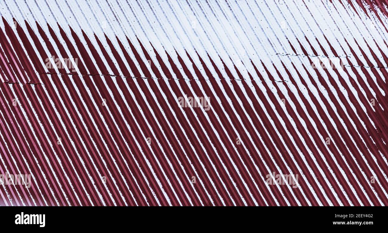 snowy metallic profiled roofing, closeup Stock Photo