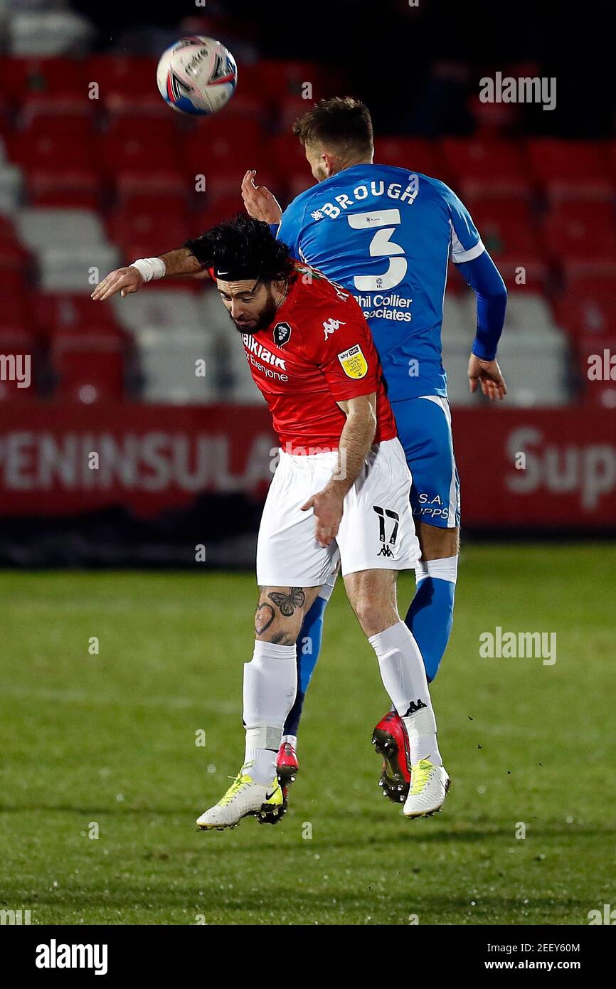 SALFORD, ENGLAND. FEB 16TH Barrows Patrick Brough battles with Salfords Richie Towell during the Sky Bet League 2 match between Salford City and Barrow at Moor Lane, Salford on Tuesday 16th February 2021. (Credit: Chris Donnelly | MI News) Credit: MI News & Sport /Alamy Live News Stock Photo