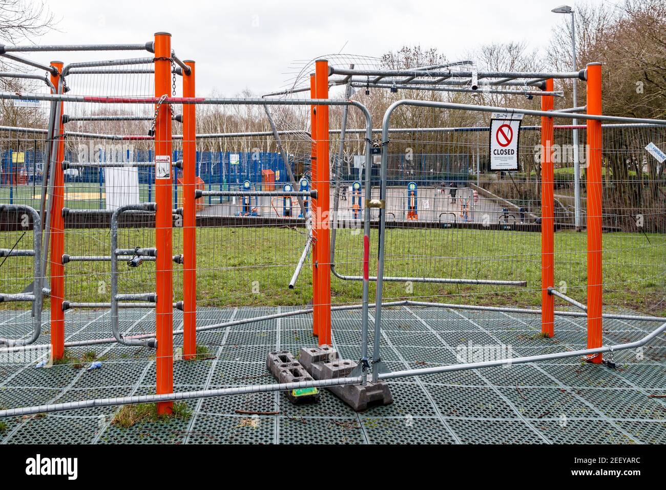 Outdoor public gym facilities, closed in line with government instructions, during the third lockdown of the coronavirus pandemic, Elthorne Park, Islington, London, UK Stock Photo