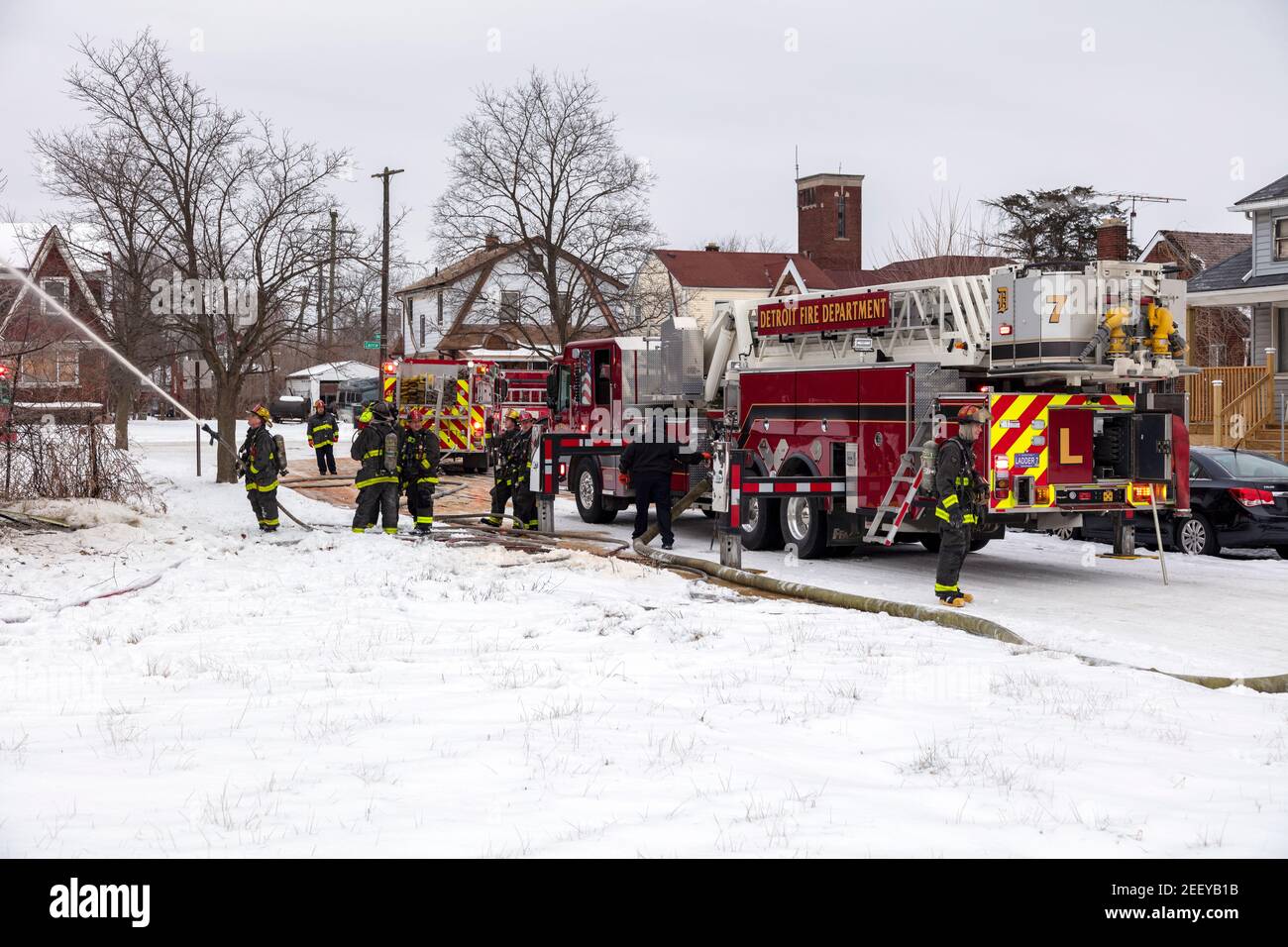Box Alarm, fire in vacant dwelling, Detroit, Michigan, USA, by James D Coppinger/Dembinsky Photo Assoc Stock Photo