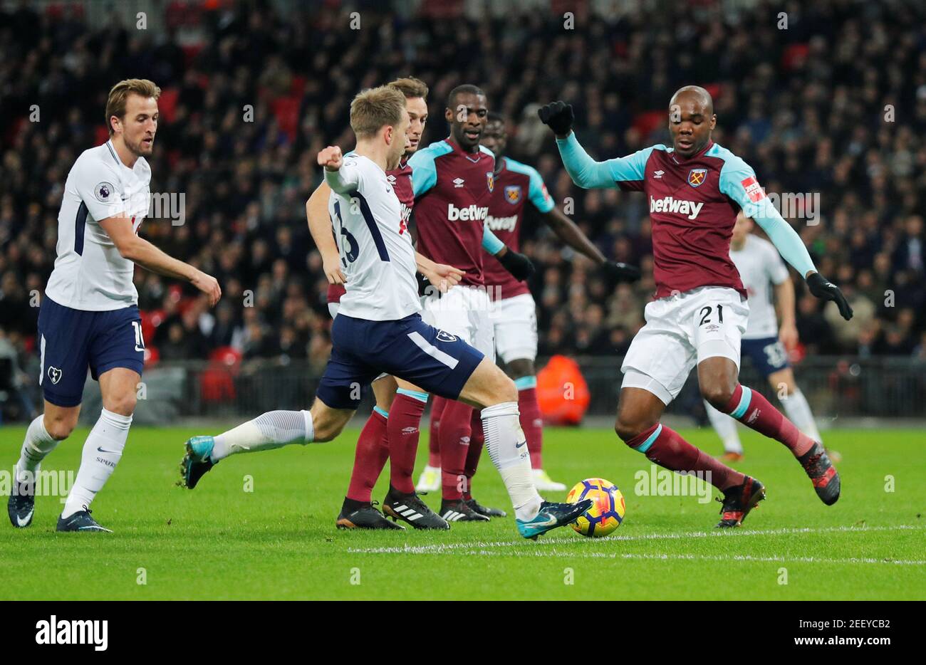 Soccer Football - Premier League - Tottenham Hotspur vs West Ham United - Wembley Stadium, London, Britain - January 4, 2018   Tottenham's Christian Eriksen in action with West Ham United's Angelo Ogbonna   REUTERS/Eddie Keogh    EDITORIAL USE ONLY. No use with unauthorized audio, video, data, fixture lists, club/league logos or 'live' services. Online in-match use limited to 75 images, no video emulation. No use in betting, games or single club/league/player publications.  Please contact your account representative for further details. Stock Photo