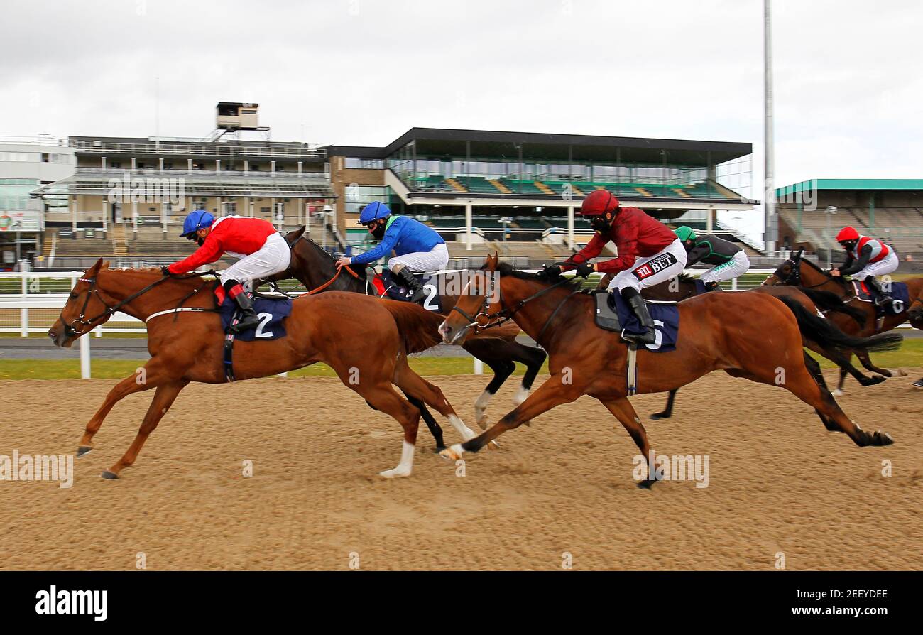 Guipure and Ben Curtis (L) win the 13.00 Heed Your Hunch At Betway Handicap at Newcastle racecourse, as racing resumes behind closed doors following the outbreak of the coronavirus disease (COVID-19), Newcastle Upon Tyne, Britain, June 4, 2020. Steve Davies/Pool via REUTERS Stock Photo