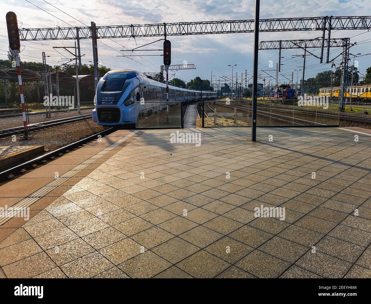 Wroclaw June 17 2018 train arrives to platform at main train station Stock Photo