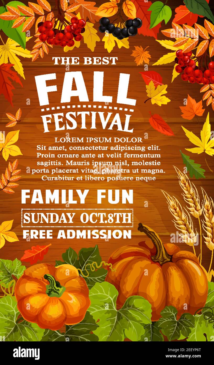 Fall festival poster with autumn harvest frame on wood background ...