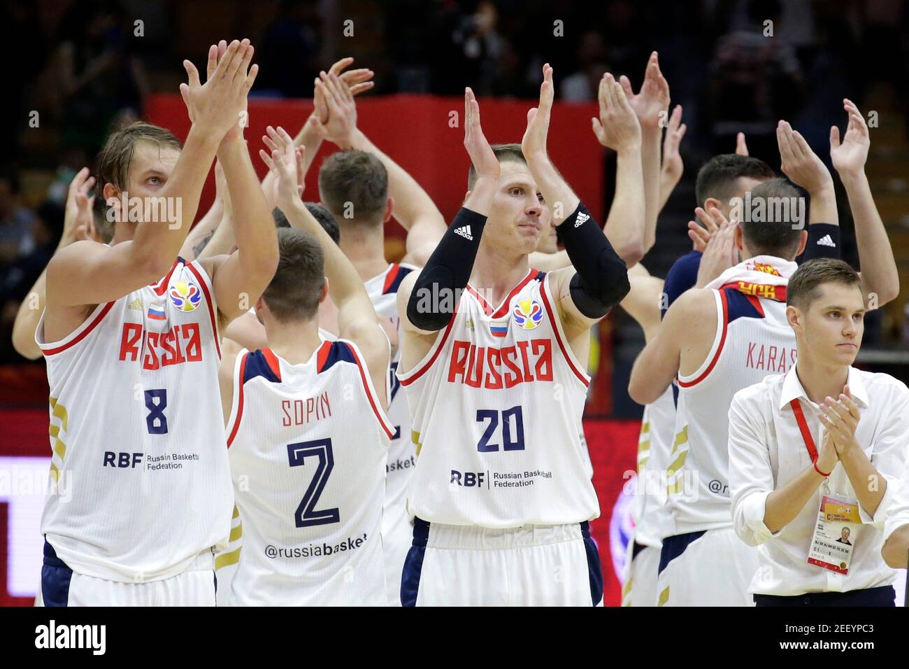 Basketball - FIBA World Cup - Russia v Nigeria - Wuhan Sports Center, Wuhan, China - August 31, 2019 Russia players applaud fans after the match REUTERS/Jason Lee Stock Photo