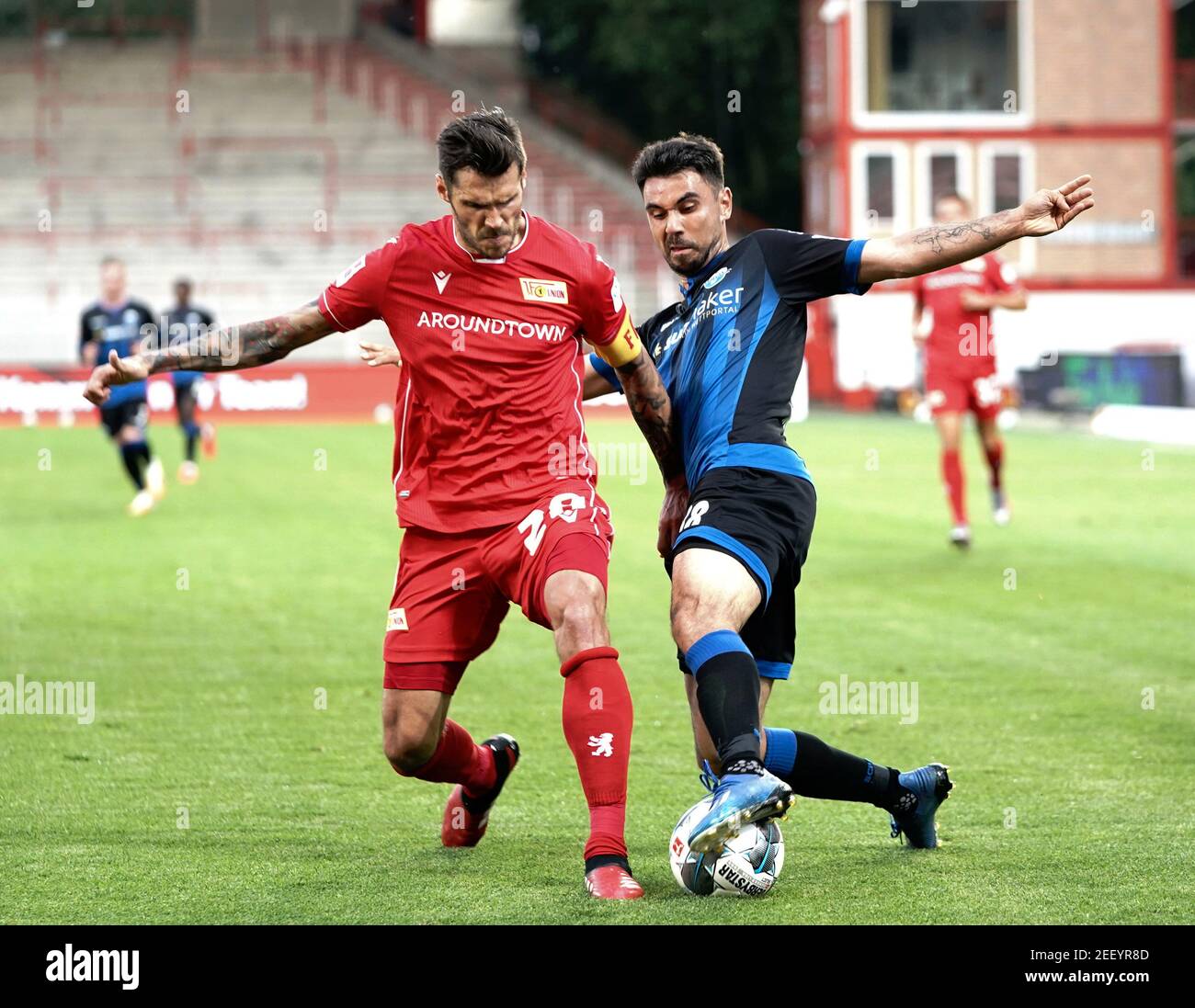 Soccer Football - Bundesliga - 1. FC Union Berlin v SC Paderborn - Stadion An der Alten Forsterei, Berlin, Germany - June 16, 2020 FC Union Berlin's Christopher Trimmel in action with SC Paderborn's Gerrit Holtmann, following the resumption of play behind closed doors after the outbreak of the coronavirus disease (COVID-19)  Kay Nietfeld/Pool via REUTERS  DFL regulations prohibit any use of photographs as image sequences and/or quasi-video Stock Photo