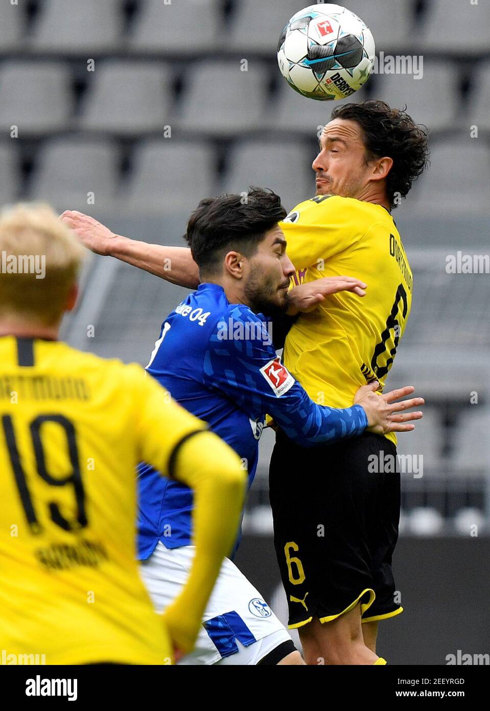 Soccer Football - Bundesliga - Borussia Dortmund v Schalke 04 - Signal Iduna Park, Dortmund, Germany - May 16, 2020 Dortmund's Thomas Delaney in action with Schalke's Suat Serdar, as play resumes behind closed doors following the outbreak of the coronavirus disease (COVID-19) Martin Meissner/Pool via REUTERS  DFL regulations prohibit any use of photographs as image sequences and/or quasi-video Stock Photo